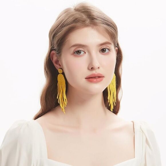 Long Boho Yellow Beaded Tassel Fringe Dangling Drop Fan Chandelier Post Earrings - Picture 6 of 7